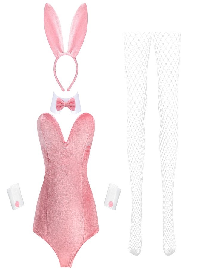Cozypower Anime Women Velvet Bunny Costume Valentine's Day Outfit Suit Stockings Rabbit Headband Bow Tie Cosplay(Pink,S) - Image 1
